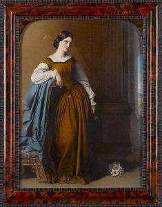 Mrs. Georgiana Maria Grenfell Glyn (d.1894), Full-length, Wearing Brown Dress Over White Chemise With Gathered Neckline And Lace Cuffs, She Leans Against A Carved Wood Chair Draped With Blue Fabric, She Holds A Violet, A Stem Of Lilies On The Floor To Her