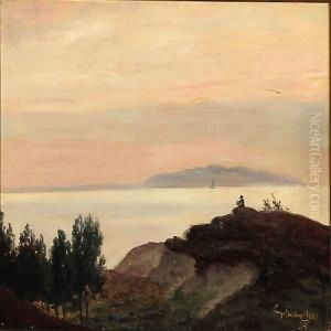 A Painter On A Hilltop Near Engelholm, Sunset by Anton Erik Ch. Thorenfeld