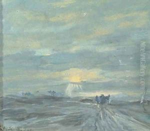 Zonsondergang bij Delden a countryroad at sunset by Louis Apol