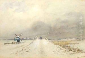 A polder landscape in winter by Louis Apol