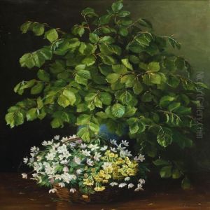 A Beech Branch And A Basket Of Anemone And Primulas