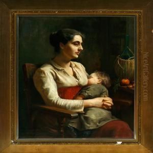 Italian Interior With A Mother And Her Sleeping Child. Signed And Dated L. Thornam Roma 1844 by Ludovica Thornam