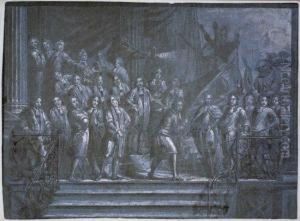 Procession Of Dignitaries Being Greeted At A Dock by Sir James Thornhill