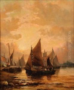 River Estuary Scene With Shipping Becalmed At Sunset