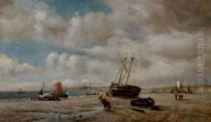 Beached Fishing Boats And Fisherfolk In A Coastal Landscape