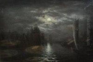 Moonlight Harbour Scene by William A. Thornley or Thornbery