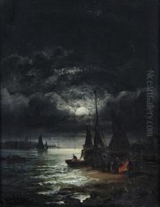 Moonlit Harbour Scene by William A. Thornley or Thornbery