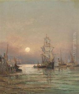 Ships In A Harbour While The Sunsets by William Georges Thornley