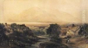 View Of A Village With Mountains In The Distance; 
Watercolour