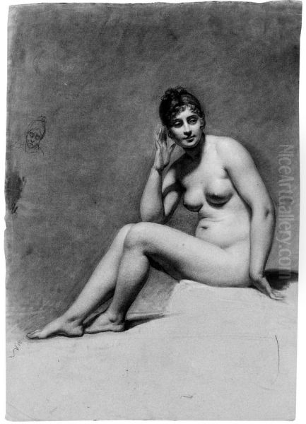 A seated female nude, her head turned to the right, and a caricature study of her head - view 1