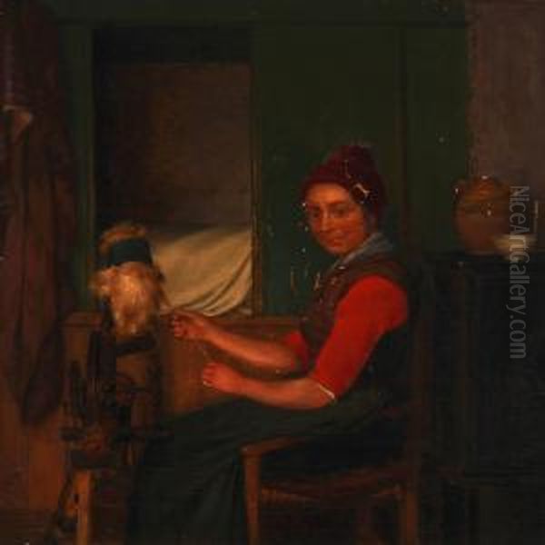 Interior With A Woman At A Spinning Wheel - view 1