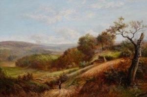 Figures On A Pathway In A Wooded Valley Near A Cottage