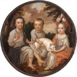 Three Siblings Of The Gyldenkrone Family Playing With A Cat by Jens Thrane