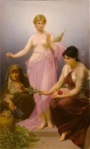 Three Fates, With Clotho In The Centre Holding The Thread Of Life, Atropos To Theleft And Lachesis With Flowers Gathered On Her Lap by Friedrich Paul Thumann