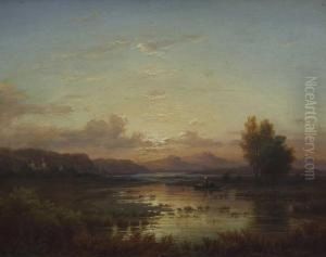 Seelandschaft Mit Kahn, Architektur Und Alpen Im Dunst