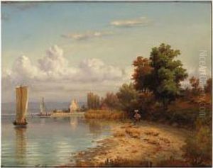 A Summer River Landscape; The Arrival Of The Fleet At Dusk by Friedrich Thurau