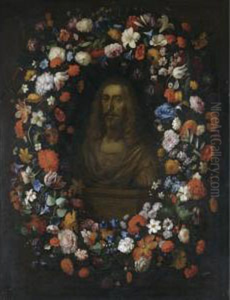 A Stone Bust Portrait Of Erzherzog Leopold Wilhelm Of Austria(1614-1662), Surrounded By A Garland Of Flowers, Including Tulips, Roses, Snowballs, Morning Glory And Lilies - view 1
