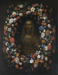 A Stone Bust Portrait Of Erzherzog Leopold Wilhelm Of Austria(1614-1662), Surrounded By A Garland Of Flowers, Including Tulips, Roses, Snowballs, Morning Glory And Lilies by Pieter Thijs