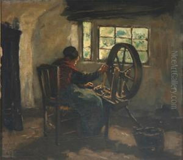 Interieur Mit Alter Frau An Einem Spinnrad - view 1