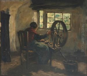 Interieur Mit Alter Frau An Einem Spinnrad by Carolus Johannes Thysen