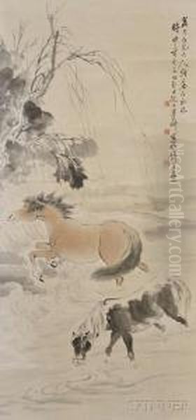 Depiction Of Two Horses Resting Anddrinking Water From A Stream - view 1