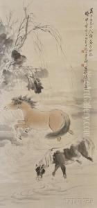 Depiction Of Two Horses Resting Anddrinking Water From A Stream by Ni Tian