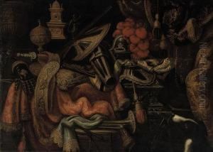 A Plumed Helmet, A Tilting Shield, A Mace And Other Arms And Armouron A Partly-draped Carved Marble Table, With A Snare Drum And Atrumpet, A Clock, A Bronze Statuette And Golden Vessels, By Adraped Column, With A Hound