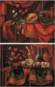 Tappeto, Vaso Di Fiori, Dolciumi, Cagnolino E Vasi Su Tavolo E Drappo Rosso by Antonio Tibaldi