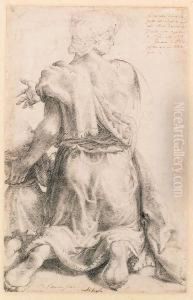 A Kneeling Woman And Child Seen From Behind by Pellegrino Tibaldi