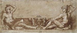 Deux Etudes De Nus Masculins De Part Et D'autre D'un Cartouche