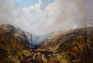 Mountainous River Landscape With A Figure Standing Fishing Above A Waterfall by William Tibbits