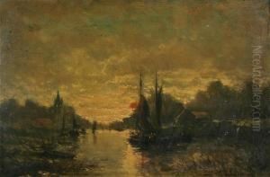 Dutch River Landscape With Fishermen In Yachts At Sunset Dutch River Landscape With Fishermen In Yachts At Sunset