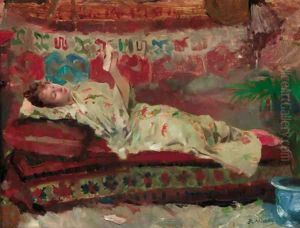 A reclining lady in a kimono by Albert Emile Artigue