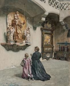 A Mother And Daughter Before A Marian Shrine by Hans Tichy