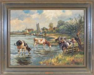 Kuhe Am Ufer Vor Einem Dorf In Norddeutscher Landschaft by Willy Tiedjen