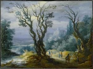 Forest Landscape With Rider And Figures by Johannes Tielius
