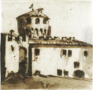 A Fortified House With A Round Tower by Giovanni Battista Tiepolo