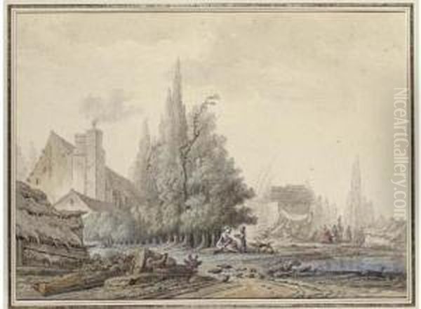 Un Paysage Avec Une Ferme Et Une Basse-cour Pres D'une Mare - view 1