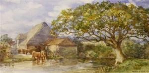 Cattle Watering By Farm Cottages by Francis Browne Tighe