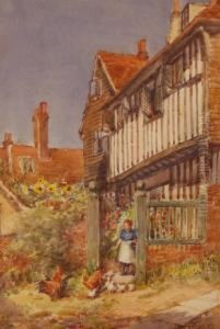 Girl Feeding Chickens Outside The Mermaid Inn by Francis Browne Tighe