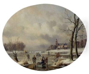 Skaters On A Frozen Waterway, A 'Koek En Zopie' In The Distance