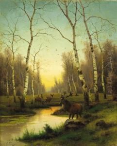 Elk In The Forest At Dawn by Efim Tikhmenev