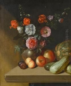 Roses, Delphiniums, Red Turban Cap Lillies And Other Flowers In A Pewter Vase With Apples, Plums And Marrows On A Stone Ledge by Simon Peter Tilemann