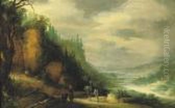 A Rocky River Landscape With Travellers On A Track - view 1