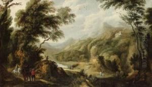 Mounted Travellers And Peasants In An Extensive Woodedlandscape Mounted Travellers And Peasants In An Extensive Woodedlandscape