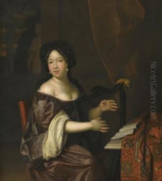 A Young Lady Playing The Harp - view 1