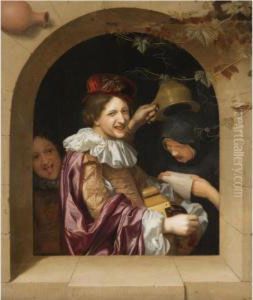 A Hurdy-gurdy Player With An Old Woman Singing And A Mocking Youth by Jan Tilius