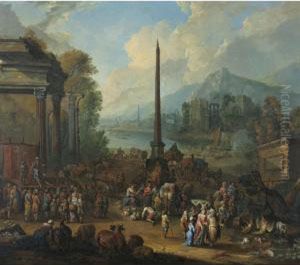 A Harbour Scene With Numerous Figures Attending Market by Peter Tillemans