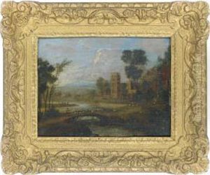 A River Landscape With A Shepherd And Cattle On A Bridge, Figuresand A Town Beyond A River Landscape With A Shepherd And Cattle On A Bridge, Figuresand A Town Beyond