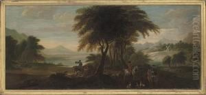 A Wooded Landscape With Huntsmen And Hounds